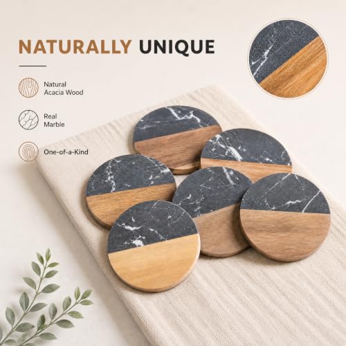 6 Pc Black Marble Wood Coasters (6 Count)