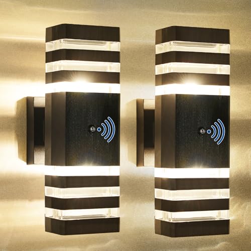 2PK Dusk to Dawn Sensor Outdoor Wall Lights Up Down Porch Lights Modern Exterior Light Fixtures Photocell Waterproof Black Aluminum Housing for Front Porch