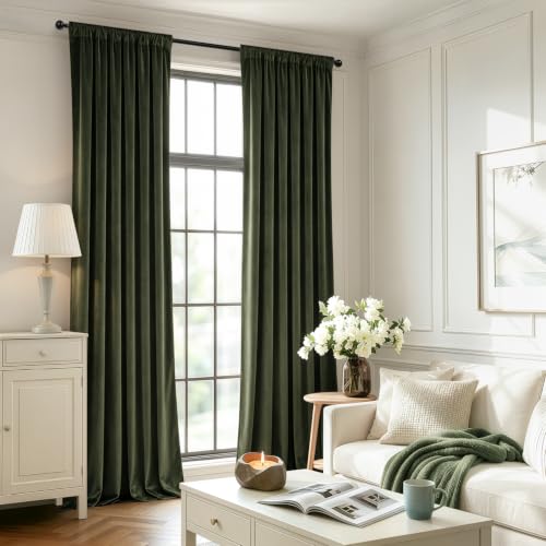 Olive Green Blackout Velvet Curtains Drapes 96 Inch Long 52"x96" (2 Count)