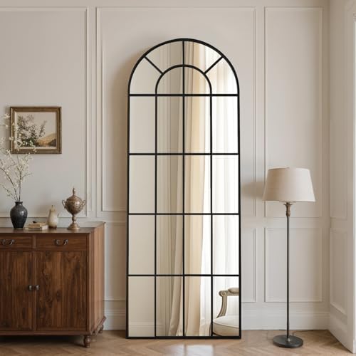 Arched Windowpane Mirror Full Length 65"x24" Wall Mounted Black Art Pane Farmhouse Decorative Floor Mirror Leaning Hanging Wall Mirror for Bedroom Living Room Entrance