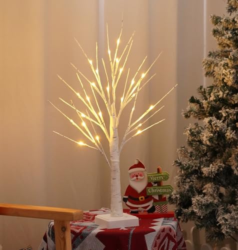 2FT Fairy Birch Tree with 24 LED Lights Artificial Tree Lamp with Timer for Easter Christmas Decoration Light Spirit Tree USB