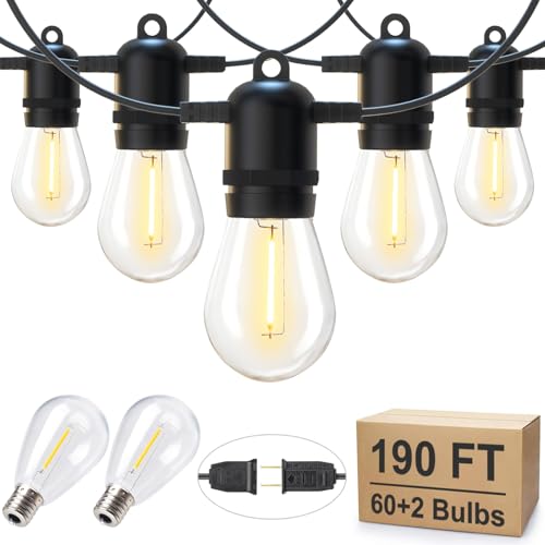 Outdoor String Lights 190FT with 60+2 Shatterproof Edison Bulbs (190 Foot)