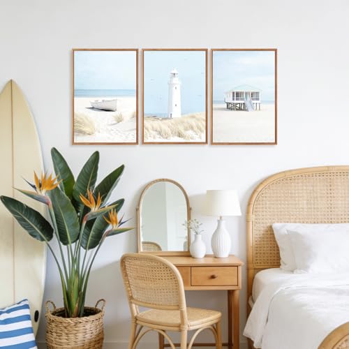 3 Pcs Blue Beach Coastal Framed Canvas Wall Art 16x24 Inch