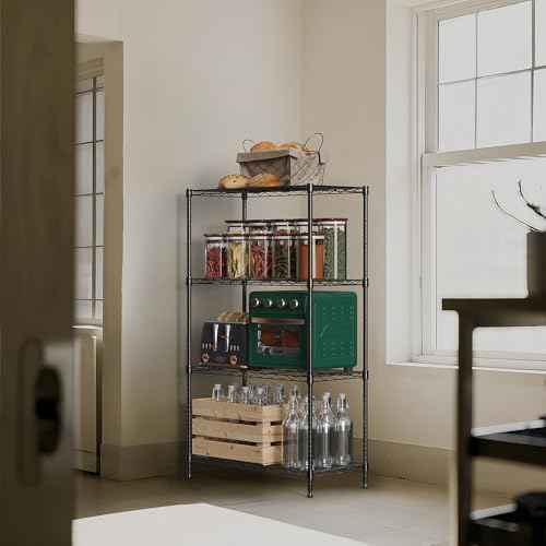 1000 lbs 4Tier Shelf Metal Storage Shelves Wire Rack Closet Organizers with Wheel for Garage Kitchen Bathroom Laundry Black 13.7" D x 23.6" W x 53.4" H (4 Count)