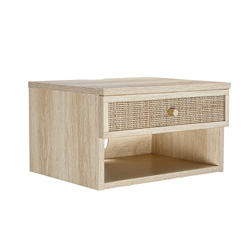 Jackson Wall Mounted Rattan Floating Bedroom Nightstand with Storage Drawer and Modern Open Shelf Cubby