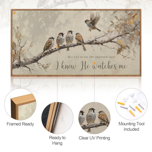 His Eye Is On The Sparrow Framed Canvas Wall Art 40x20 Inch