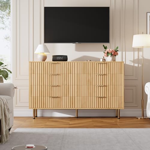 55" Fluted Natural 8 Drawer Dresser for Bedroom with Deep Drawer