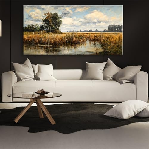 Beautiful Wilderness Meadow Canvas Wall Art Oil Painting Reproduction Print Vintage Wildflower Field Scenery Countryside Landscape Tree Rustic Retro Decor Artwork Country Farmhouse Living Room 24x48 Inches