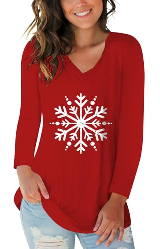Long Sleeve Christmas Shirts for Women Cute Snowflake Graphic Tops V Neck Funny Print Tee T