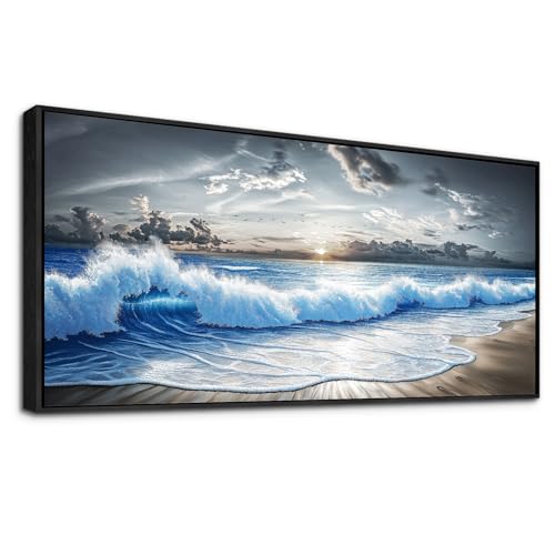 Large Canvas Modern Black White Printed Artworks Wall Decor For Living Room Wall Art For Bedroom Office Dining room Blue Ocean Wave Painting Wall Pictures Home Decor 32"X72" Black Frame