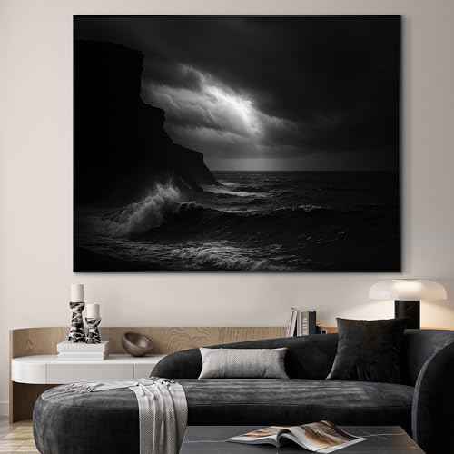 60"x72" Extra Large Framed Wall Art Dramatic Black and White Ocean Waves with Cliff and Stormy Sky for Home Living Room Bedroom Decor