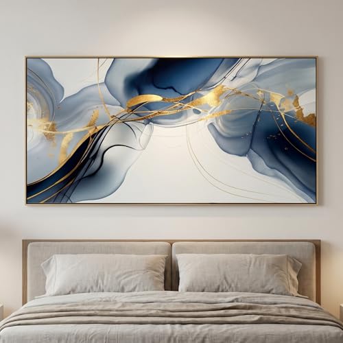 Wall Art Abstract Painting Modern Art Gold and Blue Background Canvas Prints Pictures for Living Room Bedroom Artwork Home Decor Framed 20x40inch