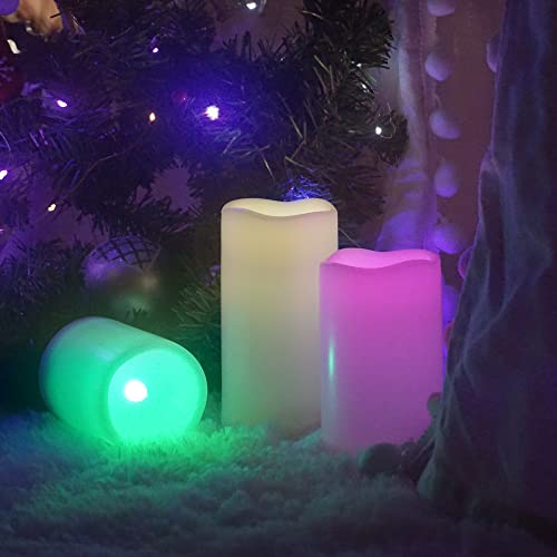 Waterproof Outdoor Color Changing Flameless Candles Remote Timer Realistic Flickering Battery Operated Fake Electric LED White Plastic Pillars for Wedding Christmas Decoration 3 Pack