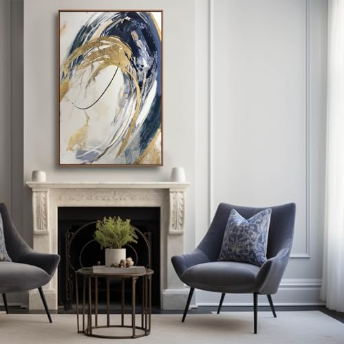 Gold Wall Decor Living Room Abstract Wall Art Blue Paintings Bedroom Aesthetic Frame Wall Decorations Large Artwork for Home Office 24x36 Inch