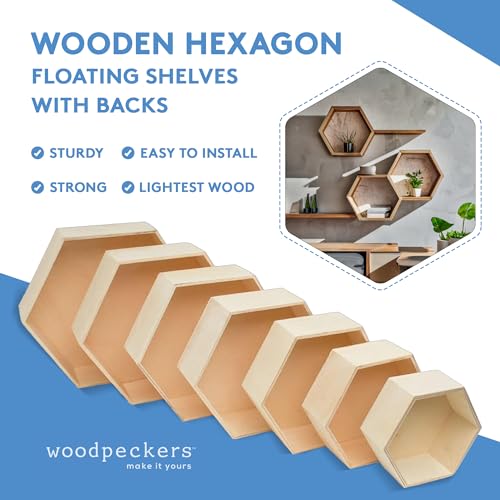 Wooden Hexagon Floating Shelves with Backs (5 Count)