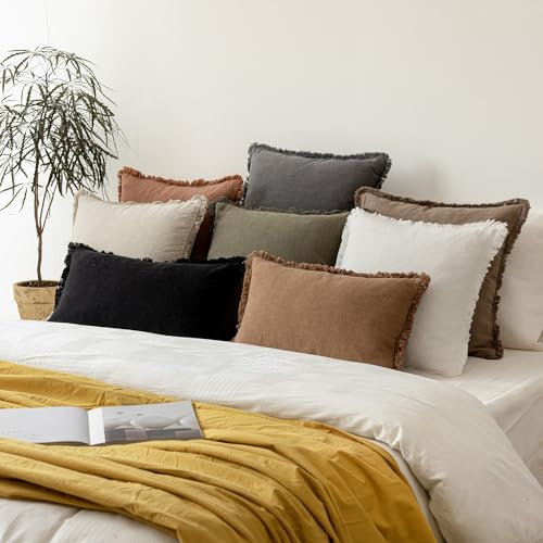 Boho Linen Fringe Lumbar Throw Pillow Covers 12×20 Light Brown (2 Count)