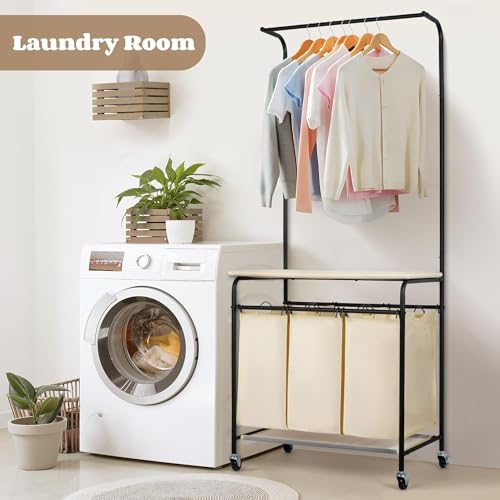 3 Section Laundry Sorter with Garment Hanging Bar Rack Foldable Ironing Board