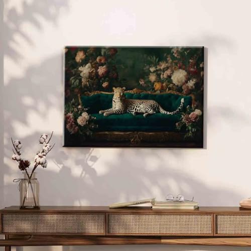 Trendy Cheetah Poster Wild Animal Pictures Dark Gothic Painting Panther on the Sofa Wall Art Fashion Cheetah Artwork 16x24inch framed