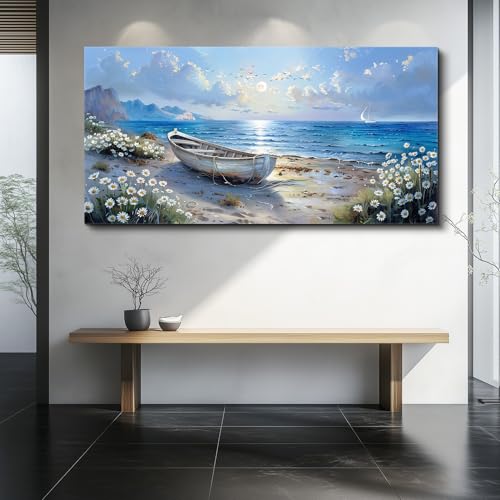Large Canvas Wall Art For Living Room Wall Decor For Bedroom Office White Flower Seaside Landscape Printing Painting Restaurant Home Decorations Mural Poster Artwork Ready To Hang 30"X60"