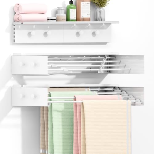 Wall Mounted Drying Rack with 4 Hooks and Shelf