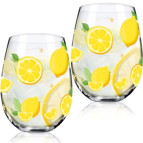 2 Pack Lemon Stemless Wine Glasses 17oz Lemon Drinking Glasses Clear Stemless Wine Tumbler Unique Gift for Wedding (2 Count)