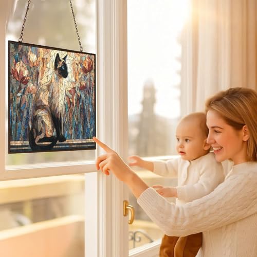 Rectangle Mosaic Siamese Cat On Windowsill Stained Glass Window Hanging Sun Catcher Halloween Haning Ornament Decoration Christmas Birthday Gifts for Lover