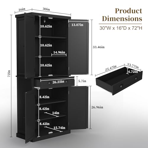 72" Tall Freestanding Pantry & Kitchen Storage Cabinet