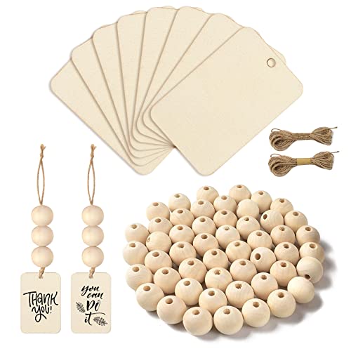 50 Pcs Rectangle Wooden Tags with Holes and 50 Pcs DIY Wood Craft Beads Wooden Blank Hanging Box Tags Ornaments with Ropes Wedding Birthday Party Decoration (102 Count)
