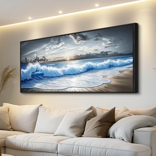 Large Canvas Modern Black White Printed Artworks Wall Decor For Living Room Wall Art For Bedroom Office Dining room Blue Ocean Wave Painting Wall Pictures Home Decor 32"X72" Black Frame