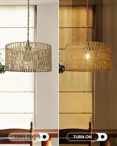 12.6 Inch Boho Hanging Light with Plug in Cord Rattan Hanging Lamp Hand Woven Rattan Wall Lightfor Bedroom