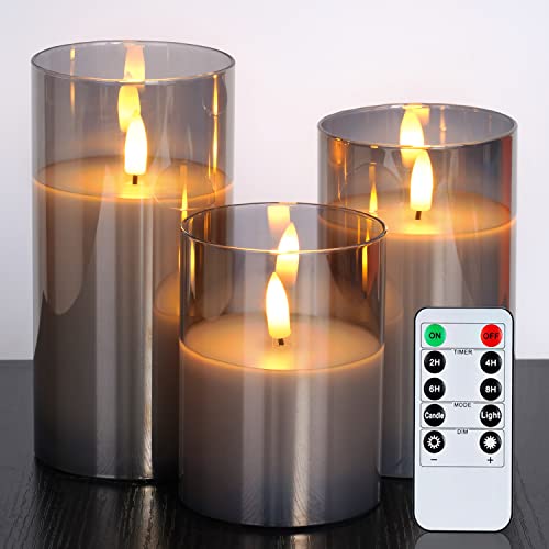 Gray Glass Flameless LED Candles Battery Operated with Remote Timer (3 Count)