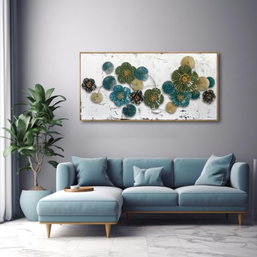 Wall Art Floral Decor Green and Blue Canvas Painting 24"x48" Framed