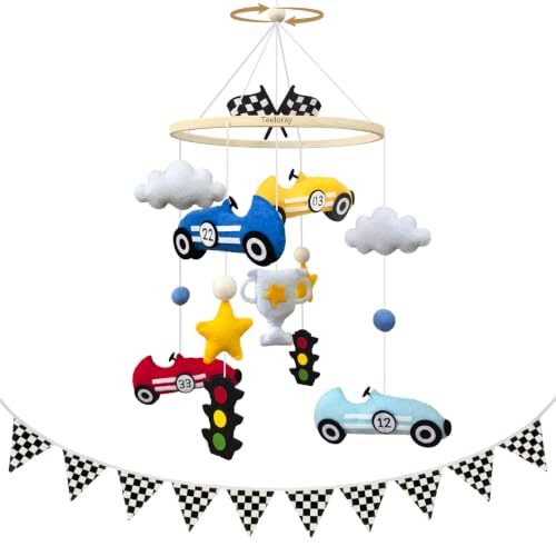 Race Car Baby Crib Mobile with 11 ft Pennant Banner Flags Handmade