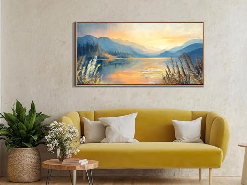 Landscape Painting Sunset Mountain Lake Canvas Wall Art Textured Wood Framed Large 48"x24"