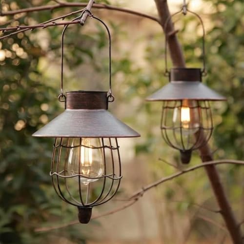 2 Pack Solar Lantern Hanging Waterproof Outdoor Metal Solar Lamp with Warm White Light Decorate for Yard Garden Pathway Patio Porch Decor