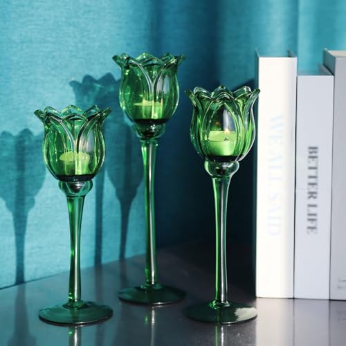Green Glass Tulips Candle Holders Set of 3 (3 Count)