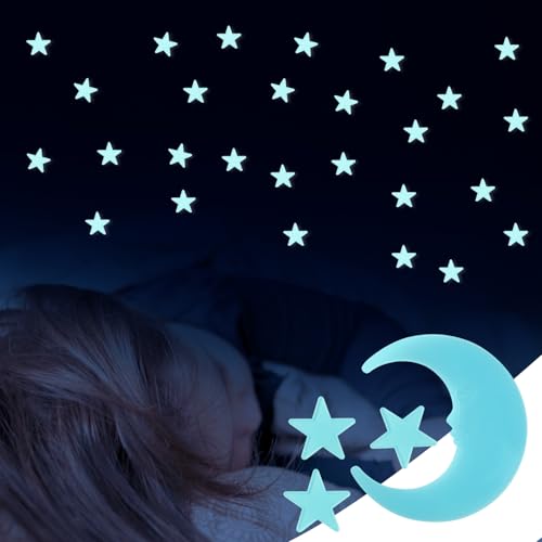 100 Stars and 1 Moon Glow in The Dark Luminous Fluorescent 3D Plastic Glow Stars Moon for Ceiling (101 Count)