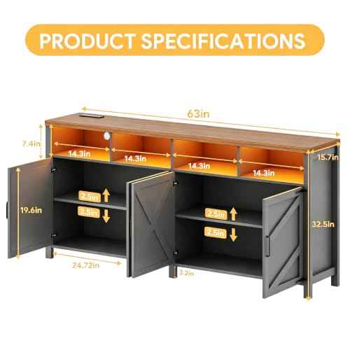 Buffet Sideboard with Storage with Power Outlets & LED Light