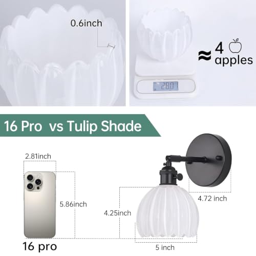 Vintage Battery Operated Wall Sconce with White Tulip Glass Lampshade Rechargeable Battery Powered Black Wall Light with Remote Control for Bedside Bedroom Doorway (2 Count)