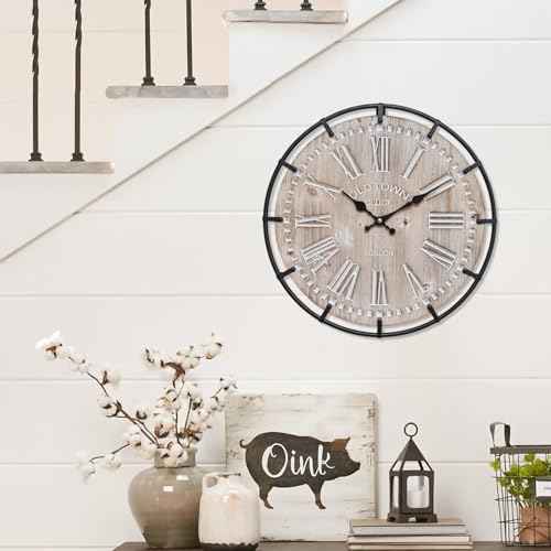 12 Inch Farmhouse Wall Clock Rustic Antique Wood with Metal Circle and Large Engraved Numerals