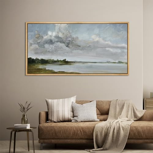 Extra Large Framed Canvas Print Wall Art Tranquil Landscape Soft Brushstroke Lake Scene Illustrations Antique Retro Fine Art Illustrations Decorative Colorful for Bedroom