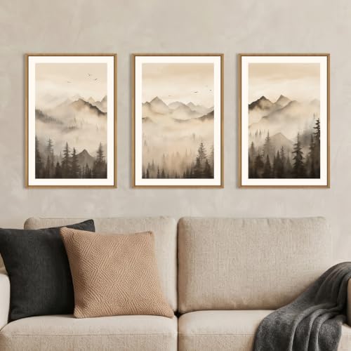 Neutral Misty Mountain Forest Framed Canvas Wall Art