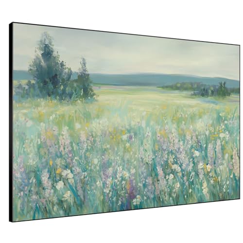 36"x46" Extra Large Framed Wall Art Wildflower Meadow Landscape Soft Pastel Nature Illustration for Home Living Room Bedroom Decor