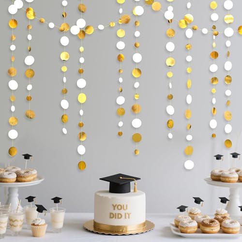 46 Feet White and Gold Circle Dots Garland Hanging Paper Polka Dots Streamer for Birthday Bachelorette Engagement Anniversary Wedding Bridal Shower Christmas Holiday Party Decorations Supplies