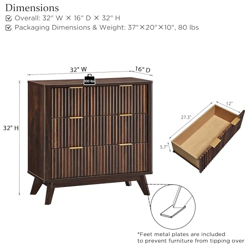 32" Large Fluted Nightstand with 3 Drawers Set of 2 (2 Count)