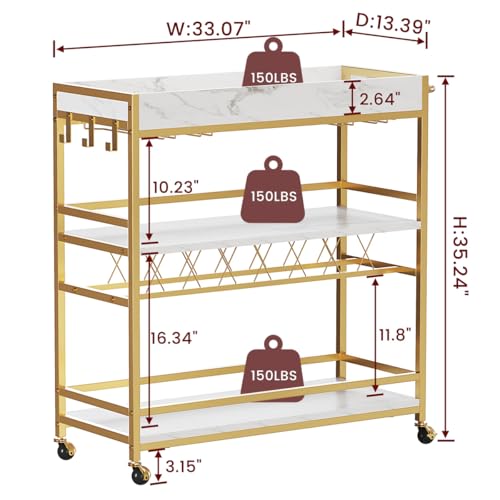 Gold Bar Cart on Wheels for Home with Wine Rack & Glass Holders