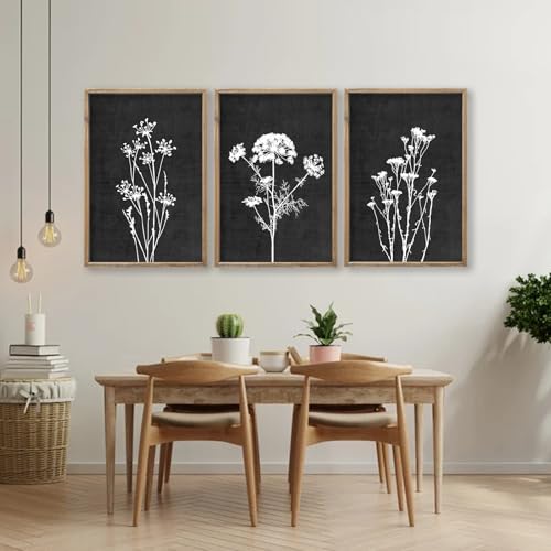 Flower Plant Wall Art Decor 16"x11" Set of 3 Black And White Wood Black