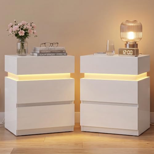 White Nightstands with LED Lights (2 Count)