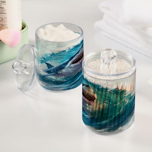 2 Pack Qtip Holder Organizer Dispenser Jumping Shark Blue Ocean Wave Bathroom Storage Canister Cotton Ball Holder Container for Cotton Pads (2 Count)