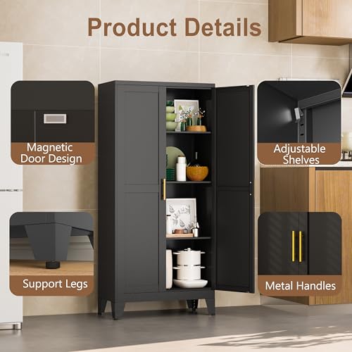 Metal Kitchen Pantry Storage Cabinet with 2 Doors and 3 Adjustable Shelves